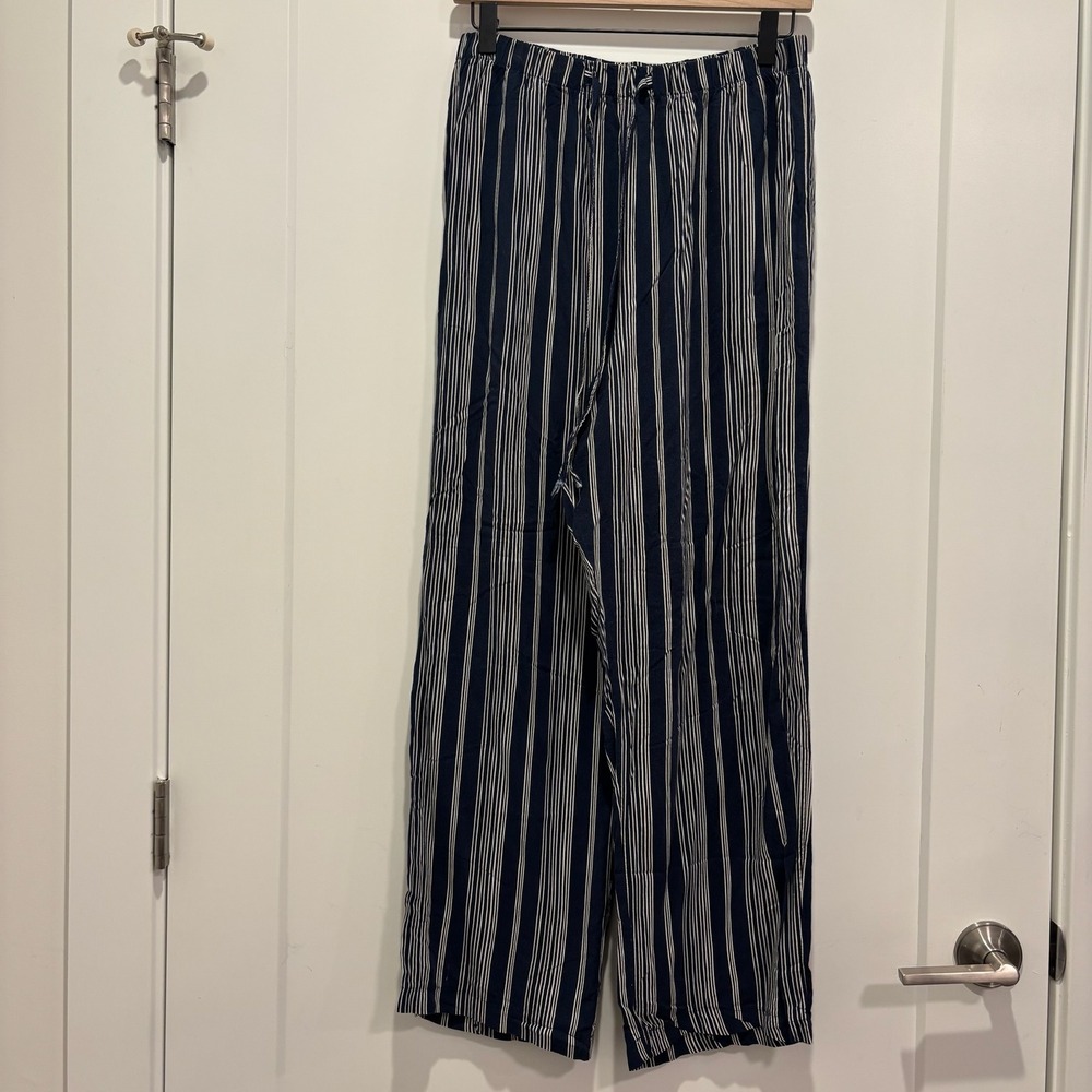 Vintage Studio Womens Navy White Striped Wide Leg Elastic Waist Pants Size L